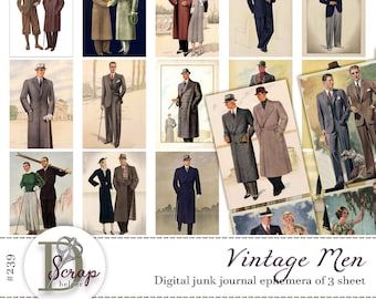 Masculine junk journal ATC cards printable of 3 sheets Men Fashion Gentlemen Father Him Husband junk journal supplies #239