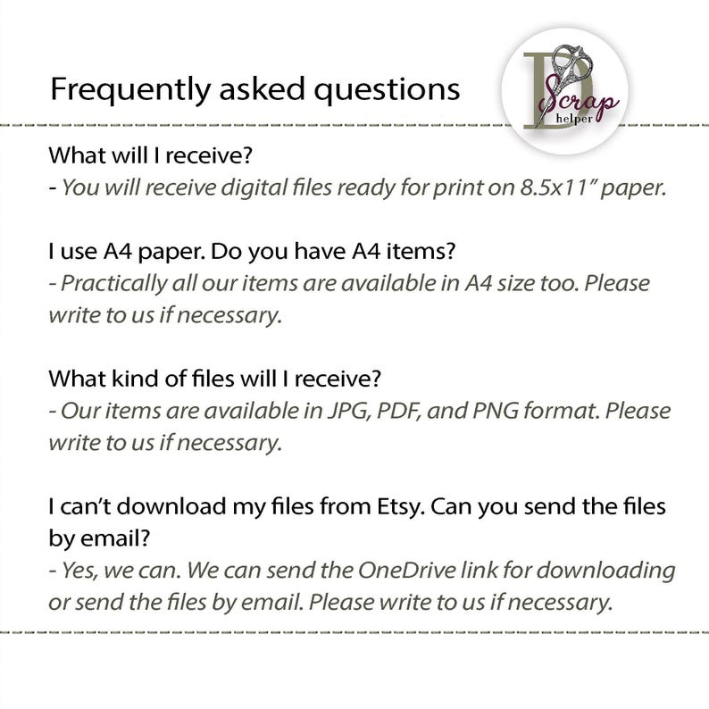 K&ouml;nnte beinhalten: H&auml;ufig gestellte Fragen zu digitalen Dateien zum Drucken. Sie erhalten digitale Dateien, die zum Drucken auf Papier im Format 8,5 x 11 Zoll bereit sind. Die Dateien sind in den Formaten JPG, PDF und PNG verf&uuml;gbar. Sie k&ouml;nnen die Dateien von Etsy herunterladen oder die Zusendung der Dateien per E-Mail anfordern.