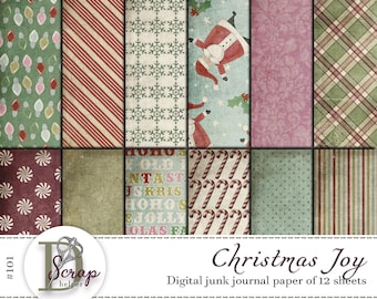 May include: A digital paper pack with 12 sheets of vintage Christmas themed patterns. The patterns include snowflakes, candy canes, lights, plaid, and Santa Claus. The text "Christmas Joy" and "Digital junk journal paper of 12 sheets" is included in the image.