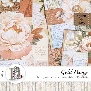 Goldene Pfingstrosen Journal Papier printable 12 Blatt Shabby Chic Romantik Cottagecore Masterboard Scrappy Pergamentpapier Freie kommerzielle Nutzung #814