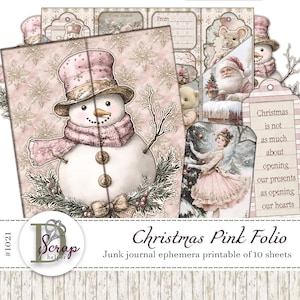 Kit fólio de Natal vitoriano rosa para impressão 10 folhas fólio rosa efêmero cartão de Natal fólio clássico rosa inverno fólio rosa de férias #1021