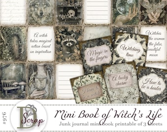 Forest witch mini books printable of 3 sheets Doll house book Witchcraft Miniature Samhain Halloween Wizard Fairy junk journal supplies #976