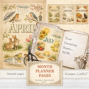 May include: Vintage-style month planner pages with illustrations for April and July, featuring birds, bunnies, and floral elements. The planner includes the text "Your Creativity Starts... NOW." and is 5.5 x 8.5 inches.
