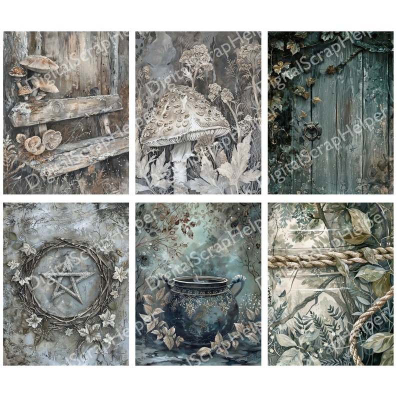 Pu&ograve; includere: Un collage digitale di nove immagini che rappresentano una scena di foresta fantasiosa con una panchina di legno, un fungo, una porta, un pentagramma, un calderone e un ponte di corda. Le immagini sono in tonalit&agrave; di blu, verde e marrone.