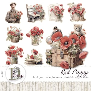 Adesivos de papoula vermelha, cortes delicados de 3 folhas, flor de papoula, presente de papoula, chalé, provence, romance, jardim, suprimentos de diário de lixo vermelho #462