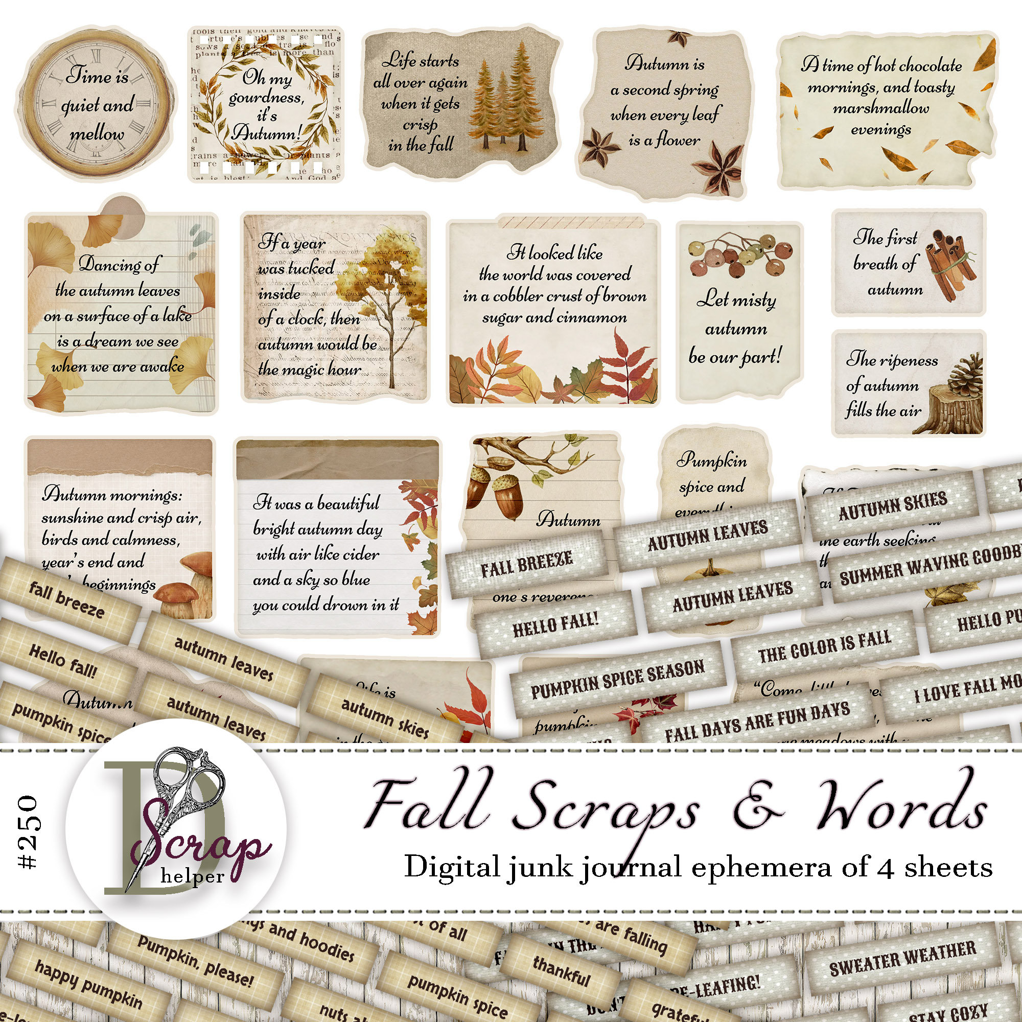 Fall ephemera Cozy Autumn words and scraps printable of 4 sheets Thanksgiving Pumpkin Harvest October junk journal supplies #250