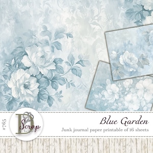 Blauw tuinpapier voor tuinafval, afdrukbaar 16 vellen, vervaagd blauw blauw patroon Blauw shabby chic Boho-blauwe benodigdheden voor junkdagboek #765