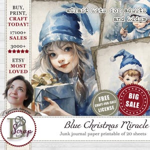 Blauwe kerstdagboekpapier afdrukbaar 20 vellen winterkerst helpers kerstmannen elfjes nieuwjaar seizoensgroeten junk journal benodigdheden #655