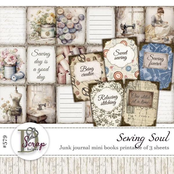 Sewing mini books printable of 3 sheets Shabby chic Knitting Quilting Sewing lover gift Cottagecore junk journal supplies #579