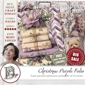 Kit fólio de Natal vitoriano roxo para impressão, 10 folhas, fólio roxo para itens efêmeros, cartão de Natal, fólio violeta de inverno, fólio roxo para férias, nº 1019