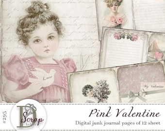 Muted pink Valentine junk journal pages for romantic scrapbooking and slow crafting | Digital download