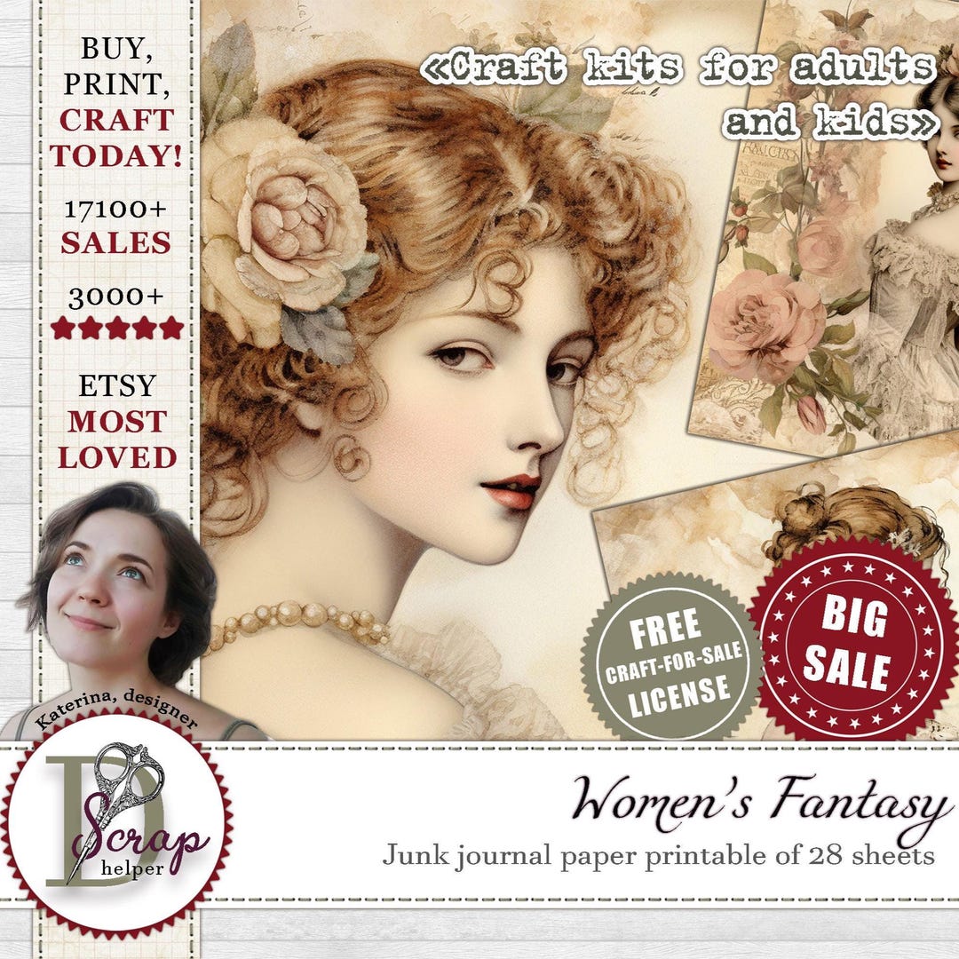 Victorian Lady Junk Journal Paper Printable of 26 Sheets Vintage Woman ...