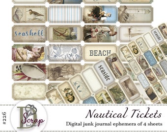 Nautical ephemera tickets printablr of 4 sheets Ocean Sea Beach Seaside Coastal junk journal supplies #226