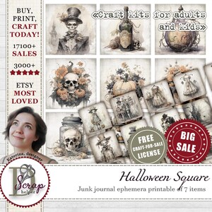 Adesivi e biglietti quadrati da 1 pollice di Halloween effimeri stampabili 7 fogli Strega Gotico Spettrale Mostro Fantasy Grimorio forniture per diari #447