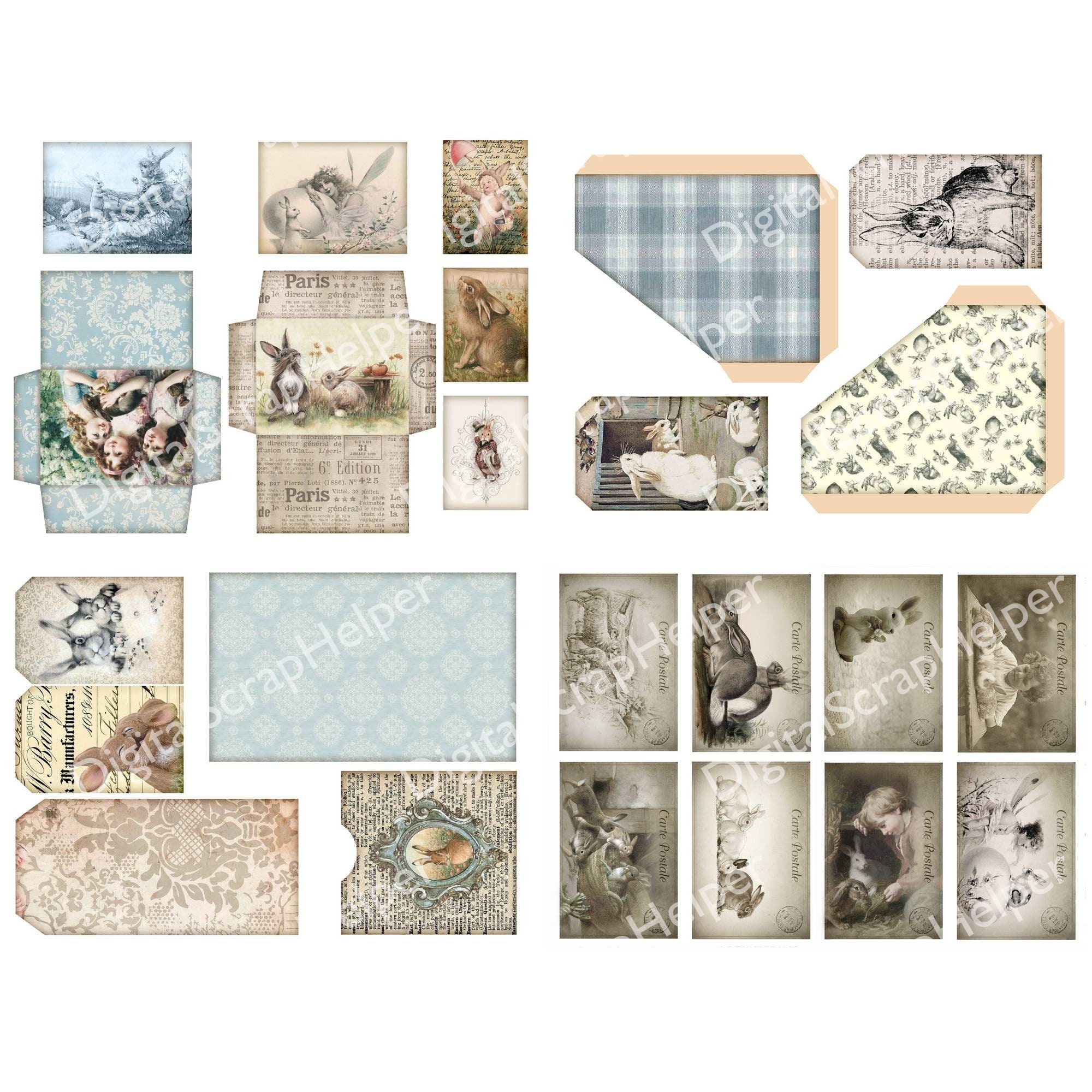 French Rabbit Junk Journal Kit Printable of 32 Sheets Shabby Chic Bunny ...