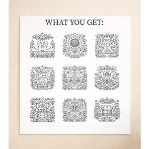 May include: A white print featuring nine black and white square illustrations with floral and animal designs. The text "WHAT YOU GET:" is at the top. The illustrations include swans, a sunflower, a fox, a deer, a house, a lantern, a fountain, a butterfly, and a gate.