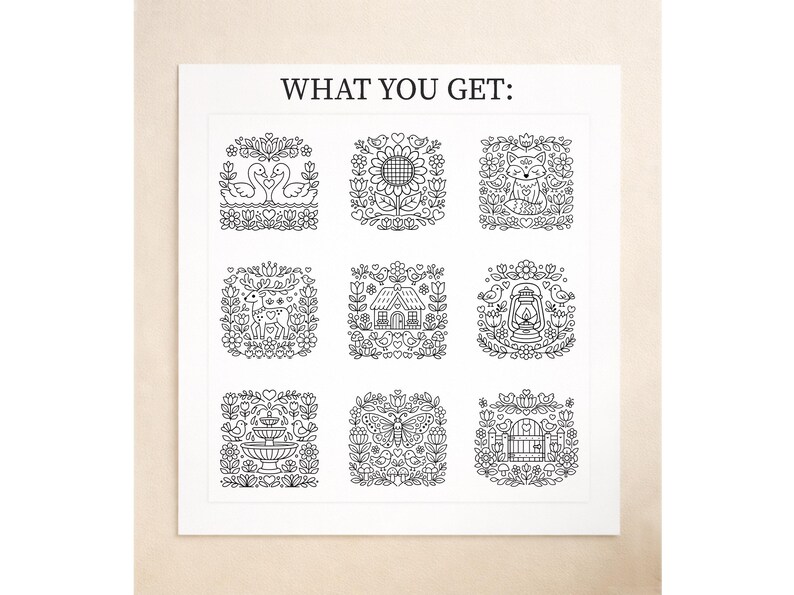 May include: A white print featuring nine black and white square illustrations with floral and animal designs. The text "WHAT YOU GET:" is at the top. The illustrations include swans, a sunflower, a fox, a deer, a house, a lantern, a fountain, a butterfly, and a gate.