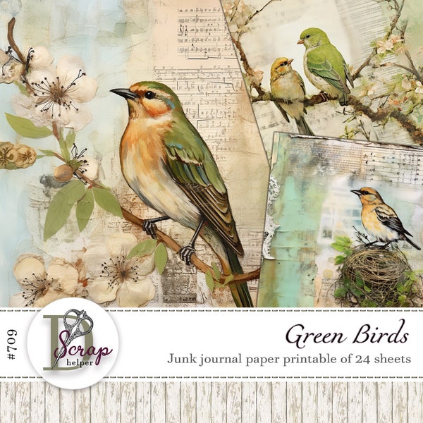 Vintage Green bird junk journal paper printable of 24 Nature Easter Swallow Garden Blossom Forest Cottagecore Shabby journal supplies #709