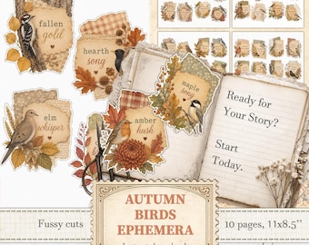 Fall bird stickers fussy cuts Autumn junk journal and seasonal ephemera | Digital download | 1626