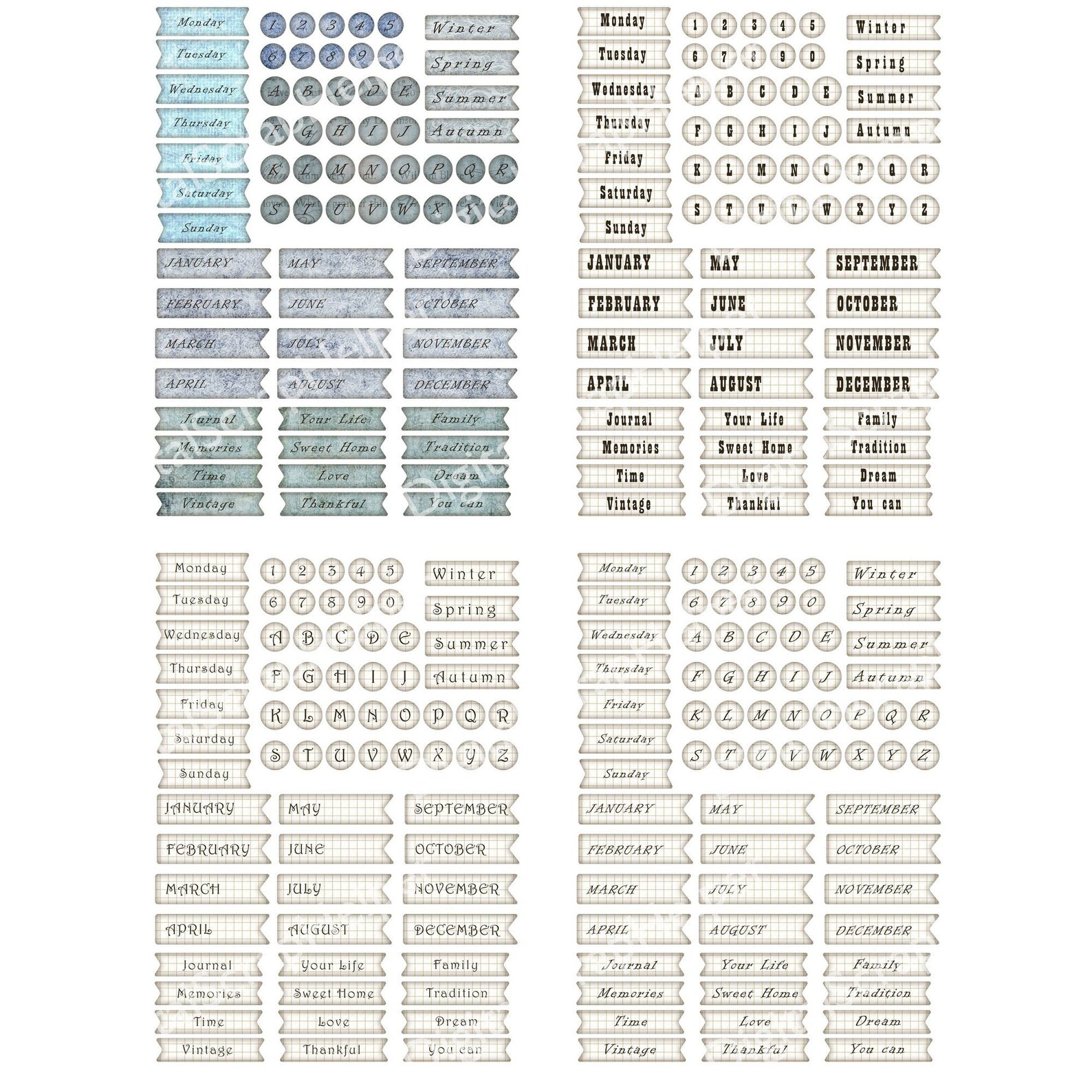 Vintage Junk Journal Words Printable of 20 Sheets Daily Months Week ...