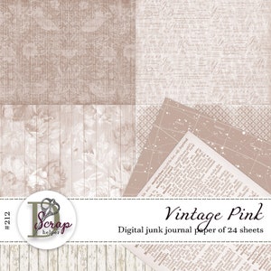 Vintage Junk Journal Papier Pack 24 Blätter Fasted Pink Pink Muster Rosa shabby chic Papier #212