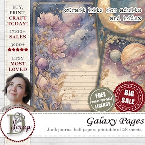 May include: Printable galaxy-themed junk journal half papers with floral and celestial illustrations. The design features a watercolor style with purple, blue, and gold accents. Includes the text "Galaxy Pages" and "Craft kits for adults and kids."