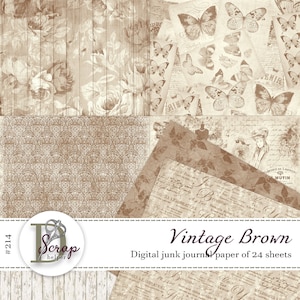 Pacote de papel para diário vintage marrom lixo para impressão com 24 folhas, diário marrom desbotado, bege, chique e chique, suprimentos para diário boho lixo Cottagecore nº 214