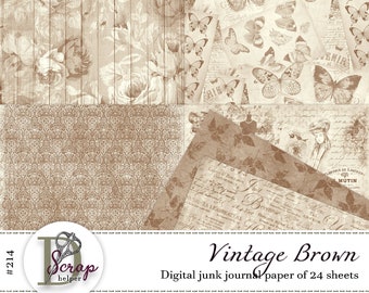 Vintage Brown Junk Journal Paper, Shabby Chic Printable (24 Sheets)
