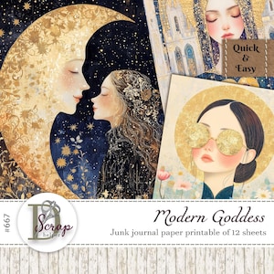 Junge Göttin Junk Journal Papier printable von 12 Blatt Scrappy Celestial Boho Boho Galaxy Woman Power Frei kommerzielle Nutzung #667