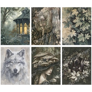 Pu&ograve; includere: Un collage digitale di sei immagini che rappresentano una scena di foresta fantasiosa. Le immagini includono un lupo bianco, una donna con un cappello di fungo, un gruppo di cristalli, uno sfondo verde frondoso, un gazebo vintage e uno zaino.