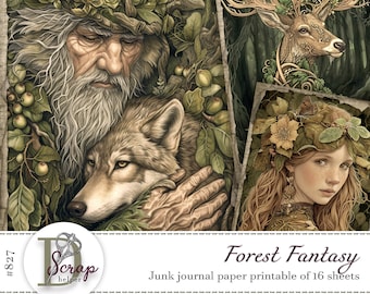 Papel de diario imprimible con 16 hojas de criaturas fantásticas del bosque, elfo de madera, espíritu del bosque, dríada, grimorio mágico, suministros para diario basura n.° 827