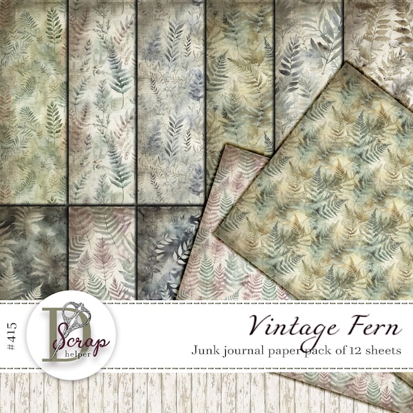 Vintage ferns junk journal paper printable of 12 sheets Forest pattern Nature Woodland Herbs Wildflowers of 12 sheets #415