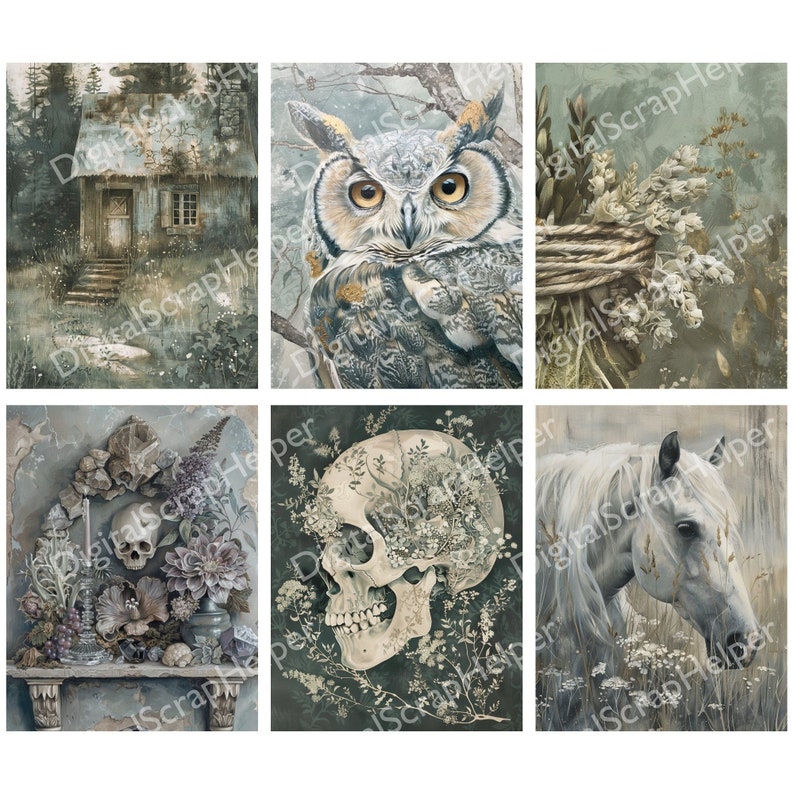 Pu&ograve; includere: Un collage digitale di sei immagini con un tema scuro, malinconico e stravagante. Le immagini includono un piccolo cottage in un bosco, un grande gufo con occhi gialli, uno scheletro con fiori che crescono al suo interno, un cavallo bianco in un campo e una natura morta con uno scheletro, fiori e un vaso.