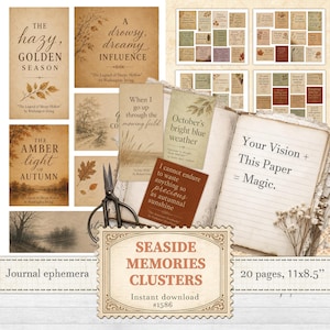 May include: A collection of journal ephemera featuring vintage-style paper sheets with autumn-themed quotes, illustrations of trees and leaves, and text including The hazy, golden season, October's bright blue weather, and Seaside Memories Clusters.