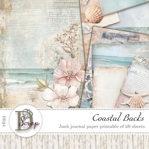 Papel imprimible para diario de basura marina, 28 hojas, retales, fondo de scrapbooking, amante de la costa, marino, en la playa, escena náutica, concha, playa, océano, azul n.° 692