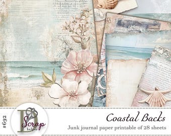 Utskrivbart papper för havsskräp, 28 ark, Scrappy Backing, Coastal Marine, On the Beach, lover, Nautical scene, Shell Seaside, Ocean Blue #692