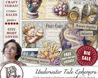 Underwater junk journal ephemera for lost Atlantis and mermaid tales scrapbooking | Digital download