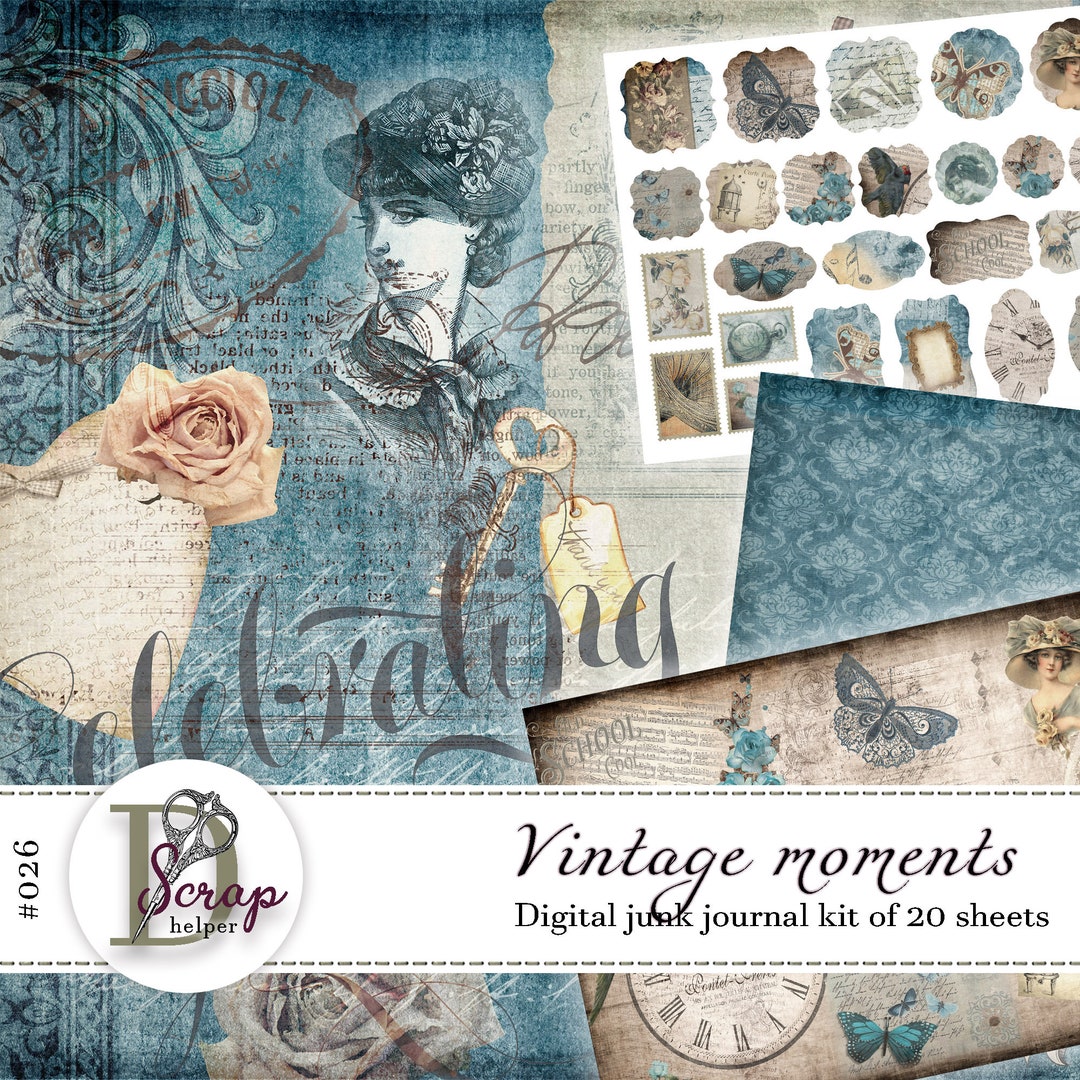 Vintage Blue Junk Journal Kit Printable of 20 Sheets Vintage Woman Lady ...