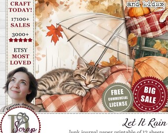 Rainy autumn clipart paper printable 12 sheets Scrappy Cozy Umbrella clipart Aesthetic Seasonal decor Fall cat Home Free commercial use #690