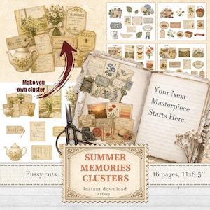 May include: A digital collage sheet set titled Summer Memories Clusters featuring vintage-style ephemera, including floral illustrations, handwritten notes, tea pots, and tags. The set includes 16 pages measuring 11 by 8.5 inches for scrapbooking.