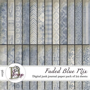 Vintage blue junk journal paper pack printable of 24 sheets Faded blue Blue pattern Blue shabby chic Boho blue junk journal supplies #036