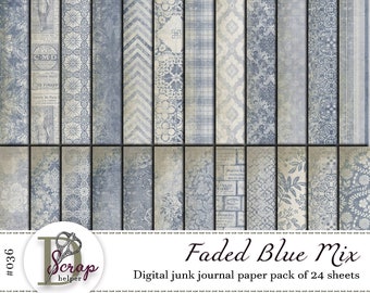 Vintage blue junk journal paper pack printable of 24 sheets Faded blue Blue pattern Blue shabby chic Boho blue junk journal supplies #036