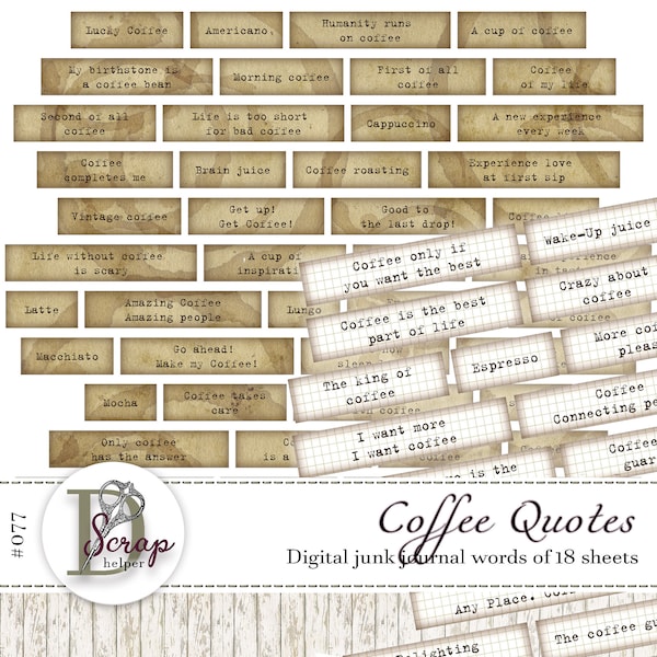 Vintage coffee junk journal inspirational words of 18 sheets Coffee words Coffee quotes Coffee phrases junk journal supplies #077