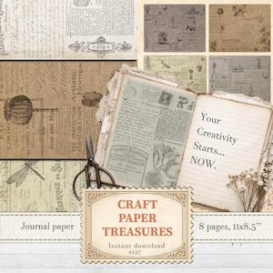 May include: A collection of vintage-style journal papers featuring botanical illustrations, French typography, and postal stamps. An open notebook with lined pages displays the text Your Creativity Starts... NOW. Includes scissors and dried flowers.
