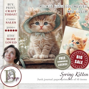 Impression de 16 feuilles de chatons de Pâques drôles, art mural printemps chaton chambre d'enfant, affiche de bébé chat mignon, animaux de printemps mignons clipart chat de Pâques #1070