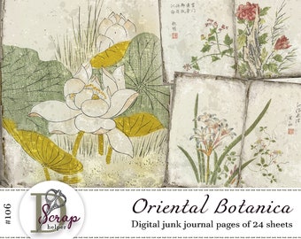 Può includere: Un kit di diario di scarto digitale con 24 fogli che presentano illustrazioni botaniche vintage di fiori e piante. Le illustrazioni sono in stile giapponese tradizionale con linee delicate e colori tenui. Il kit è intitolato "Oriental Botanica" e include il testo "#106" e "Scrap helper".