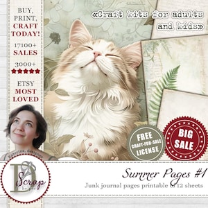 Può includere: Un download digitale di 12 pagine di diario di scarto stampabili con un'illustrazione di gatto carina, disegni floreali e trame vintage. Le pagine sono perfette per l'artigianato e lo scrapbooking. Il testo "Summer Pages #1" è visualizzato sull'immagine.