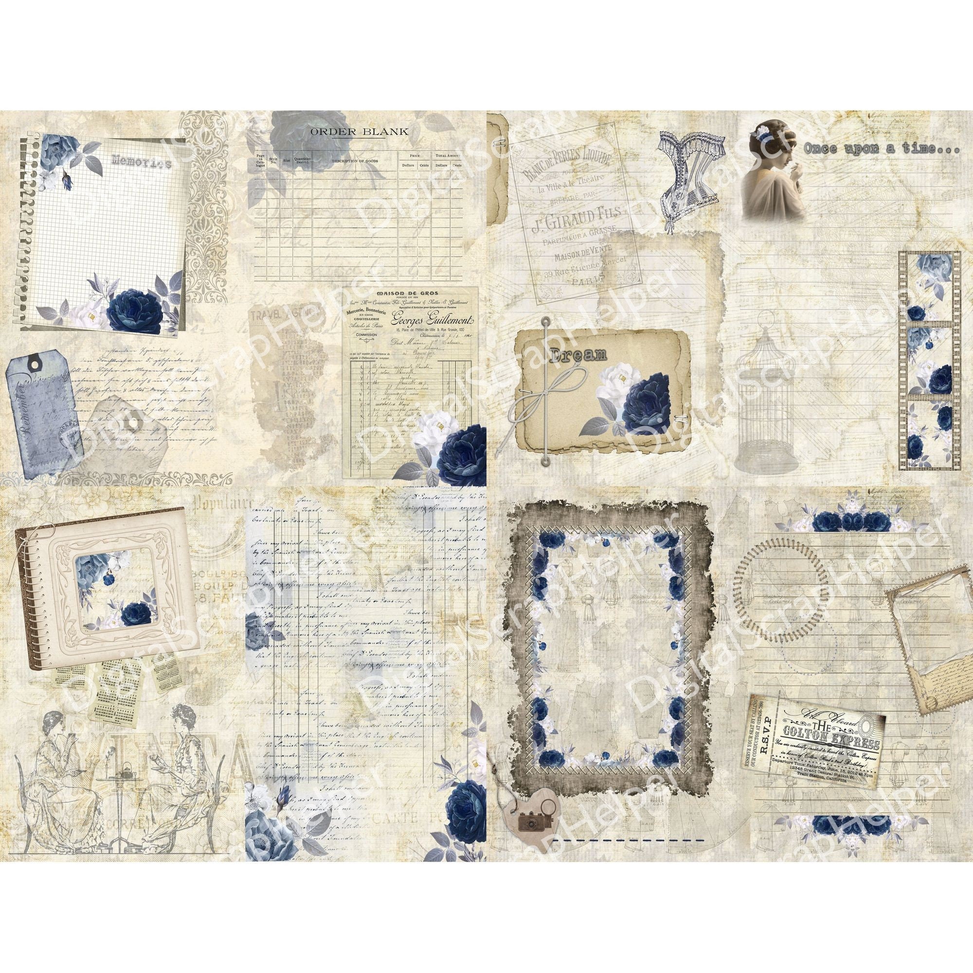 Vintage Blue Junk Journal Kit Printable of 28 Sheets Blue Shabby Chic ...