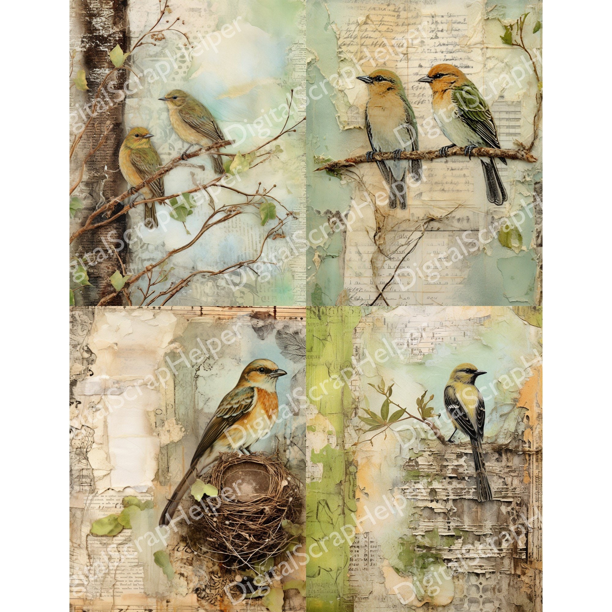 Vintage Green Bird Paper for Cottagecore Junk Journaling and Spring ...