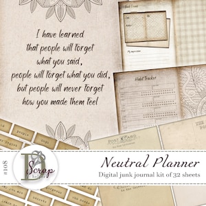 Neutral planner junk journal kit printable of 32 sheets Vintage Grunge Monthly tracker Prayer Calendar Bullet journal supplies #108